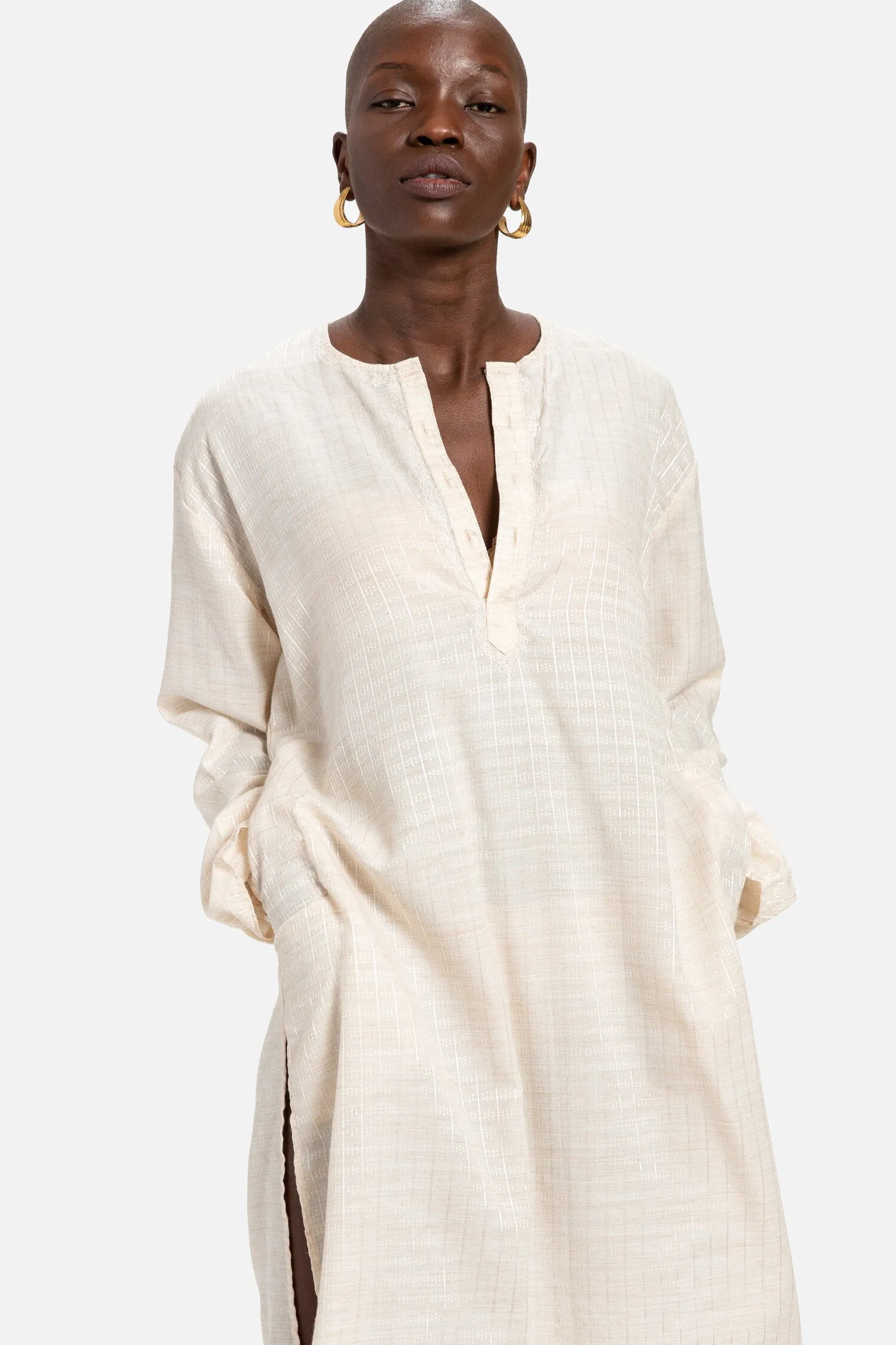 70s Cream Grid Kurta Dress L