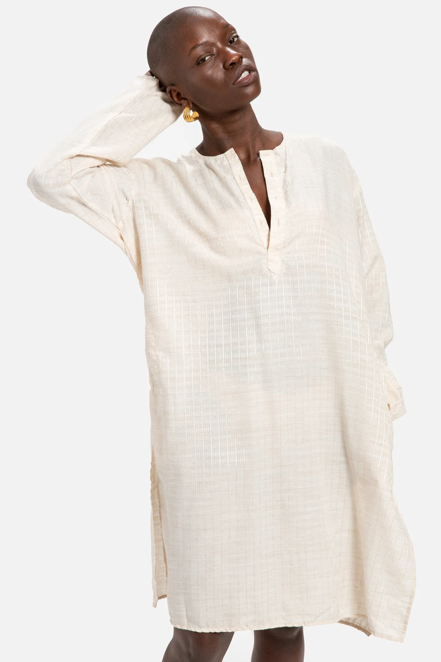 70s Cream Grid Kurta Dress L