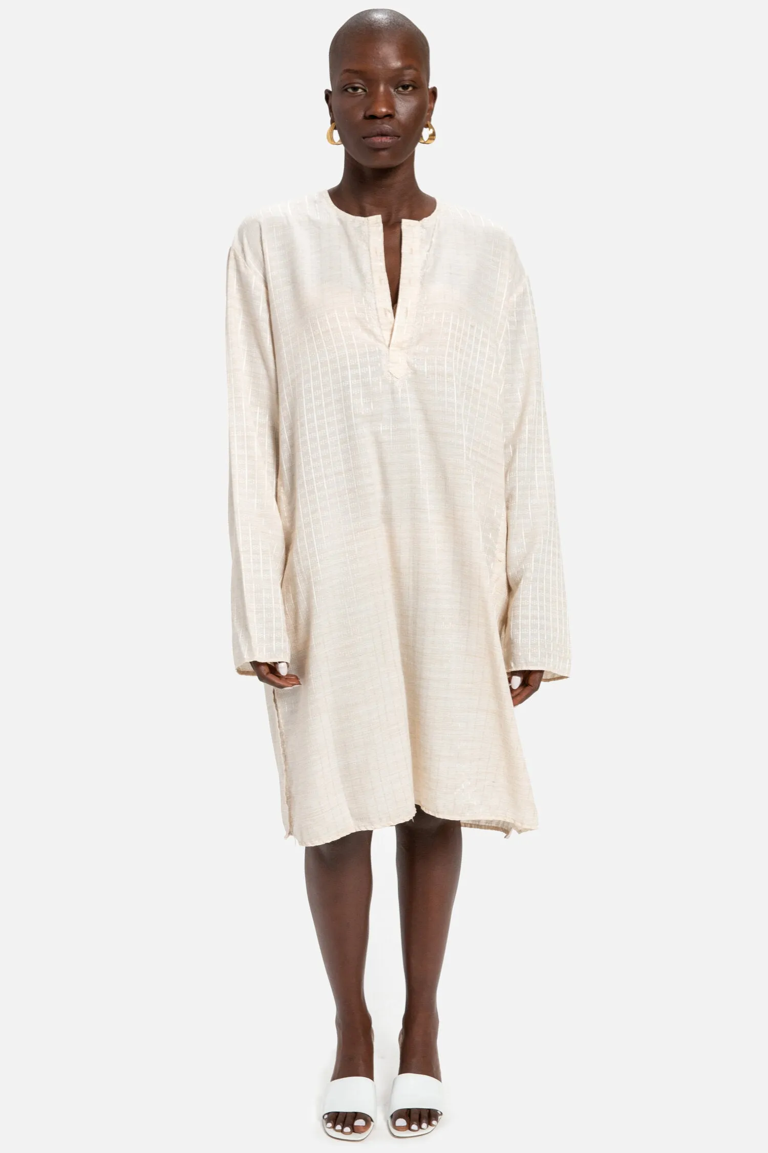 70s Cream Grid Kurta Dress L