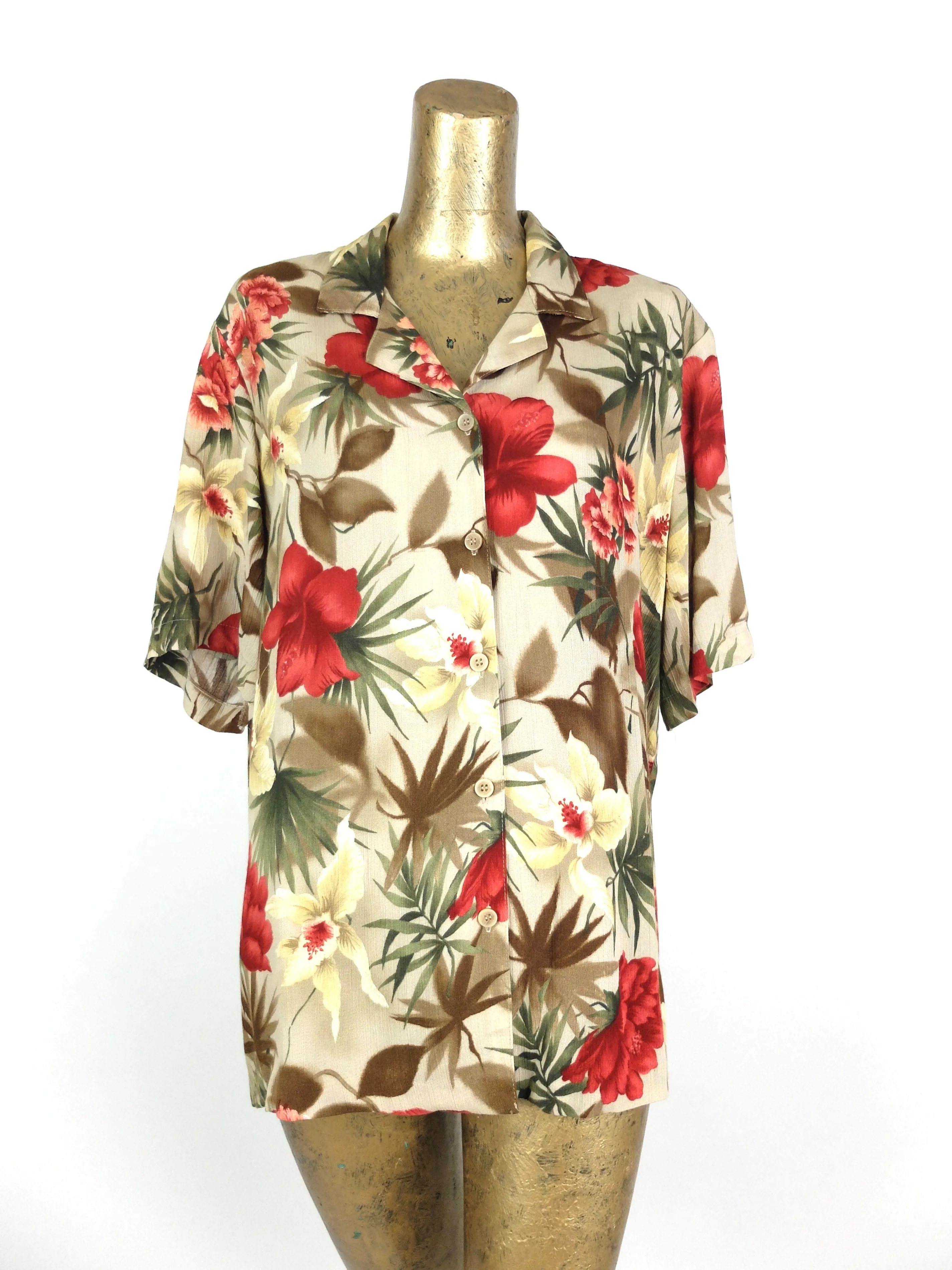 70s Tropical Hawaiian Floral Collared Half Sleeve Button Up Shirt