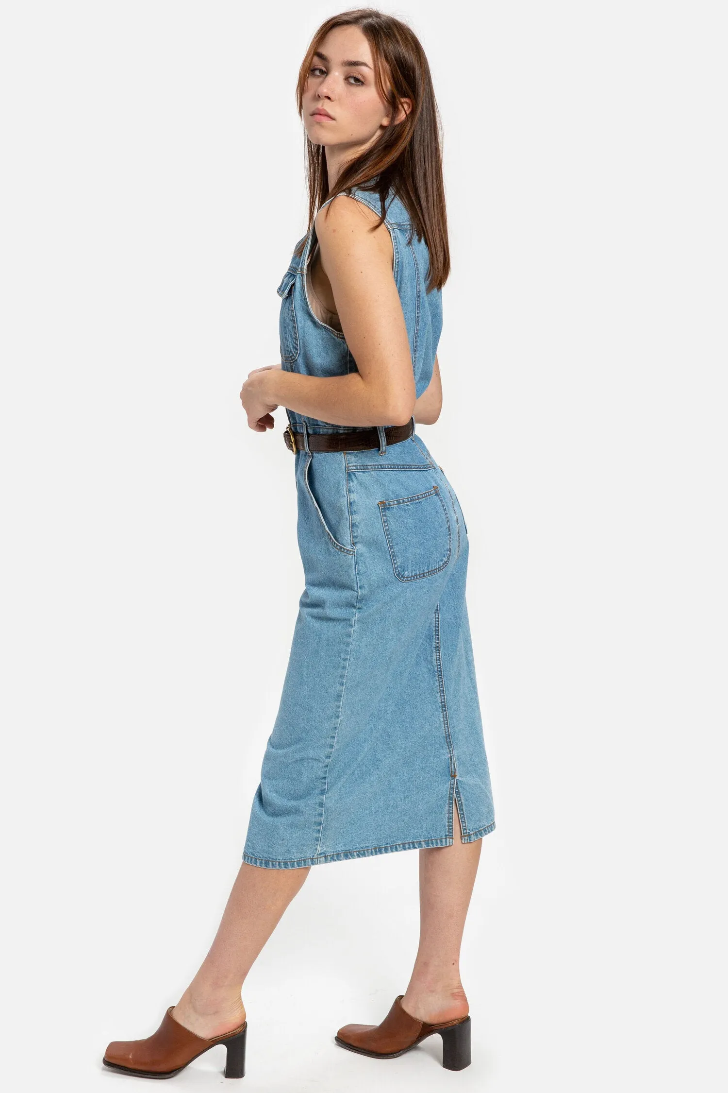 80s Sleeveless Denim Dress M