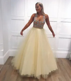 A-Line Light Yellow Tulle Beaded V-Neck Long Prom Dress,JKC1001