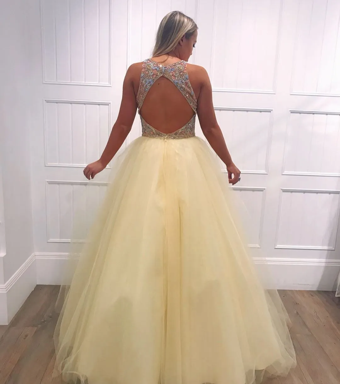 A-Line Light Yellow Tulle Beaded V-Neck Long Prom Dress,JKC1001