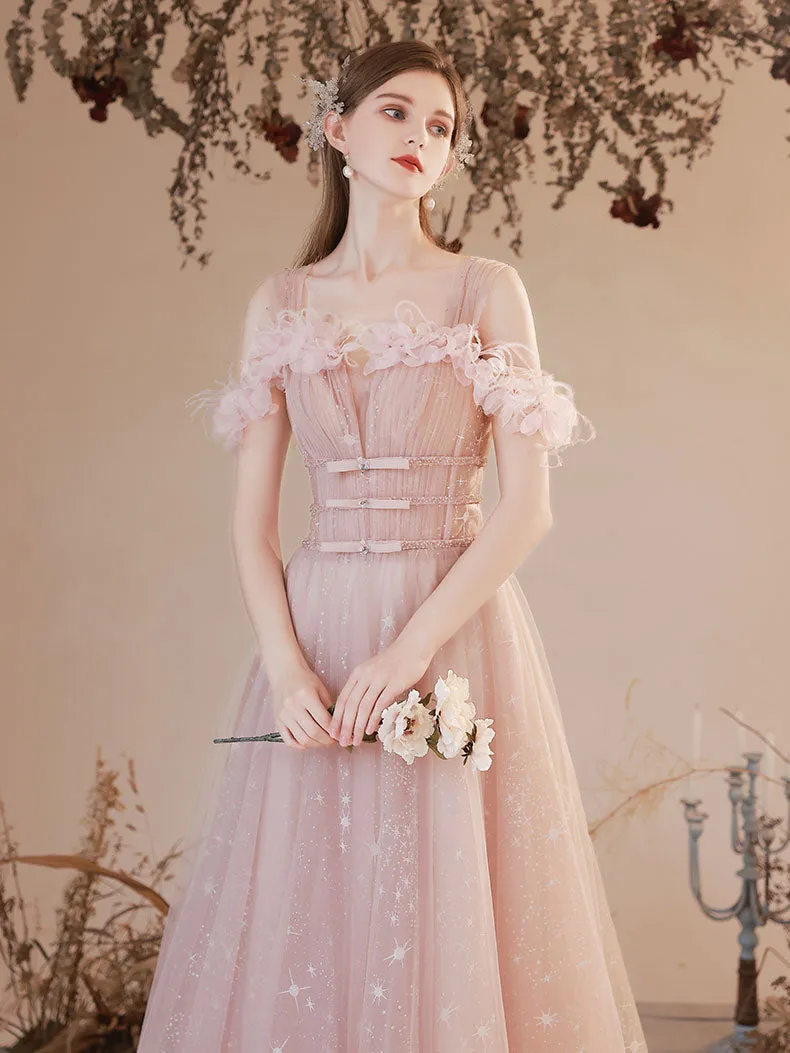 A Line Pink Long Prom Dresses, Off Shoulder Pink Formal Dress with Beading Flowers