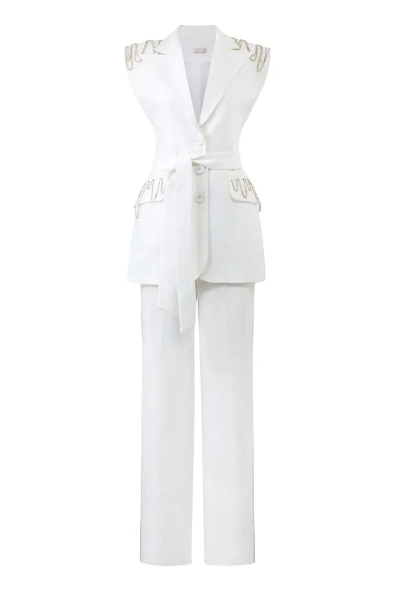 ALIVIA WHITE TEXTURE SLEEVELESS BLAZER AND PANTS SET