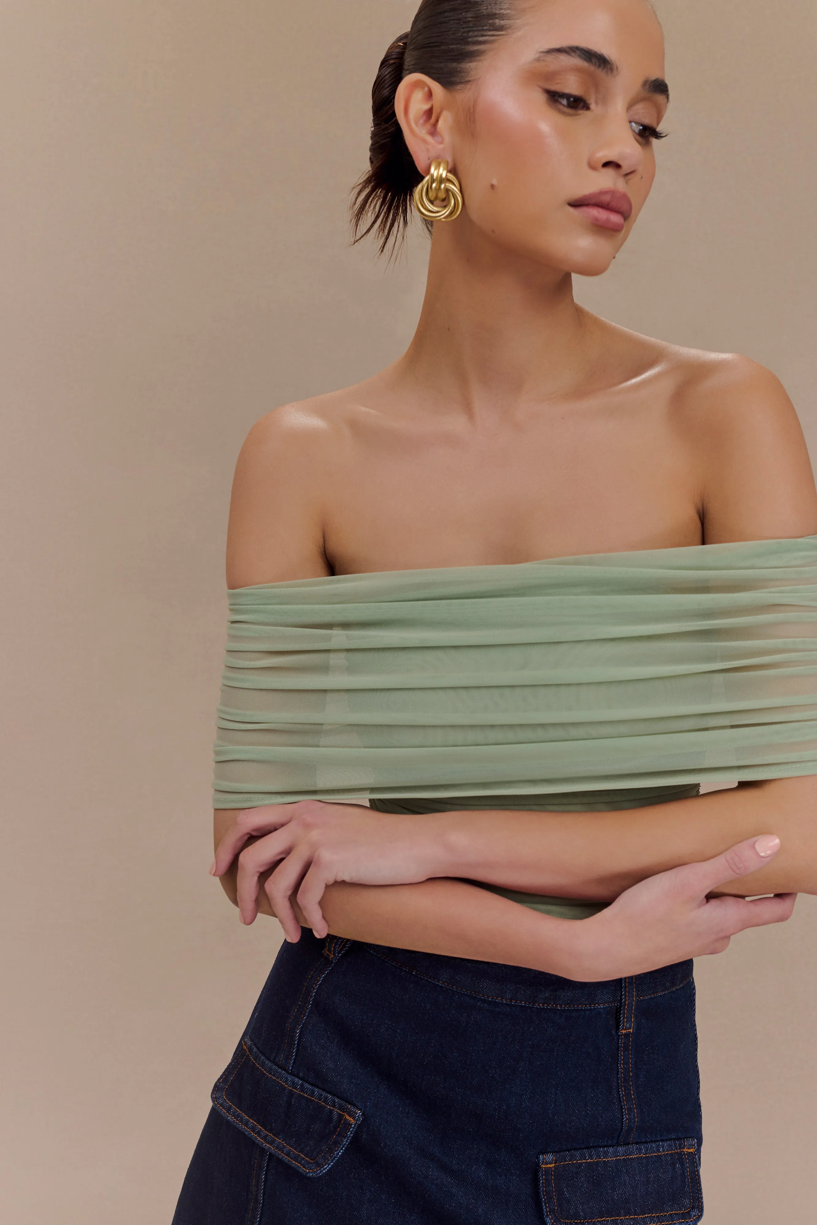 Arna Off Shoulder Mesh Crop Top - Basil