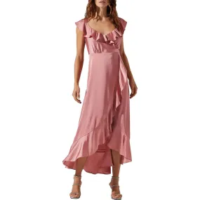 ASTR The Label Women's Satin Ruffled Maxi Wrap Dress with Deep V-Neck