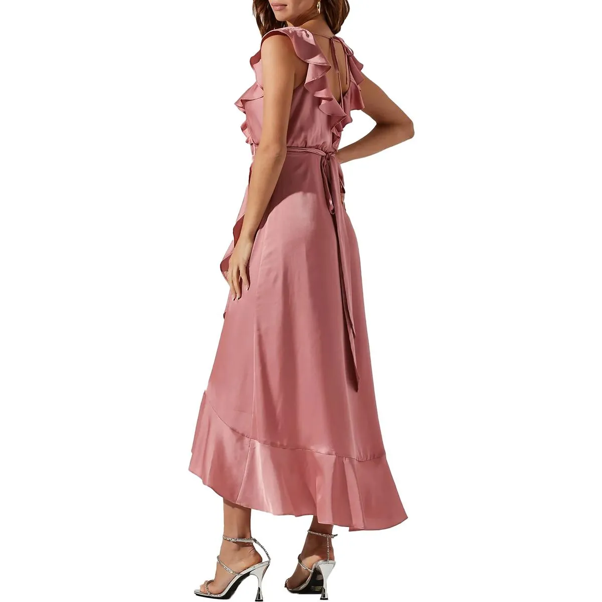 ASTR The Label Women's Satin Ruffled Maxi Wrap Dress with Deep V-Neck