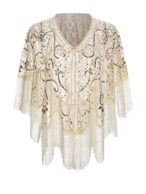 Beige 1920s Sequin Embroidered Fringed Cape