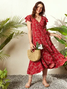 Berrylush Women Red & White Floral Printed V-Neck Flutter Sleeve Waist Tie-Up Straight Hem Wrap Midi Dress