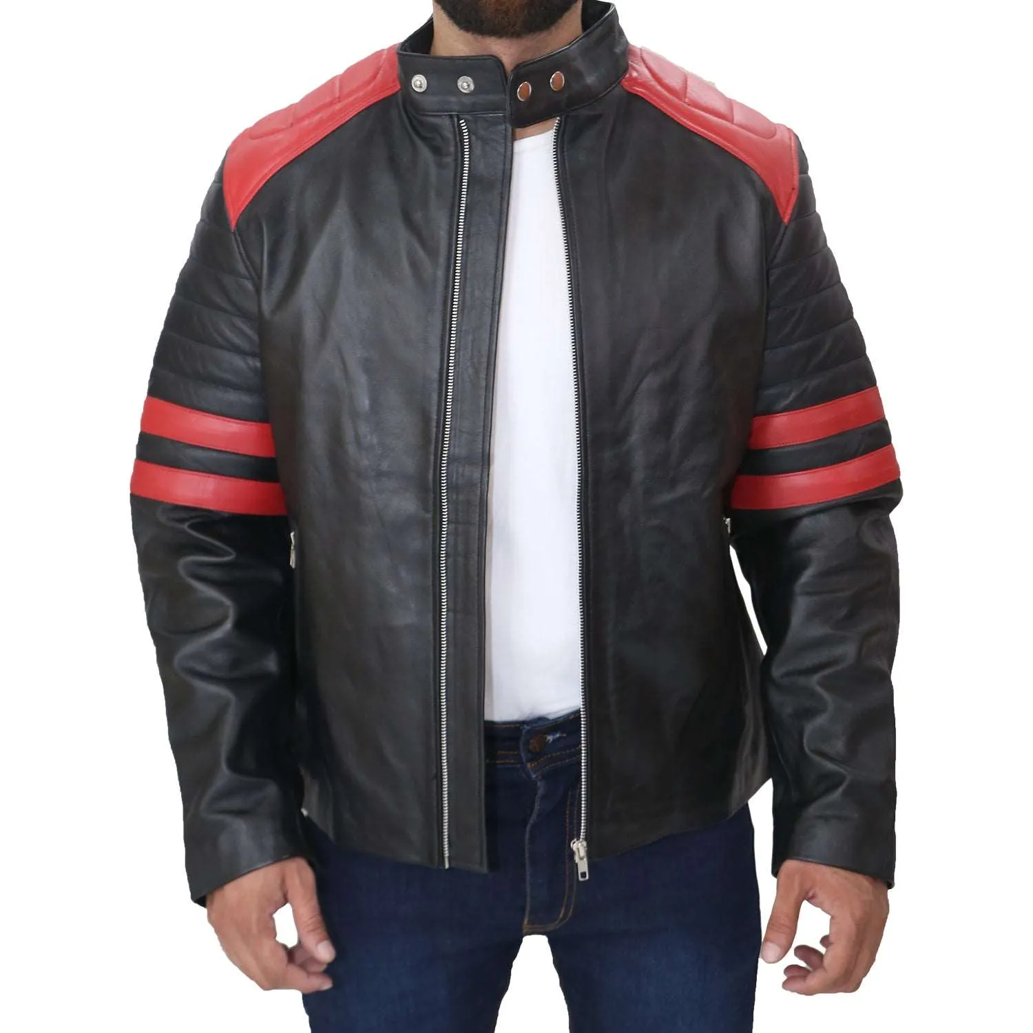 Black Café Racer with Red Strip Genuine Lambskin Leather Jacket