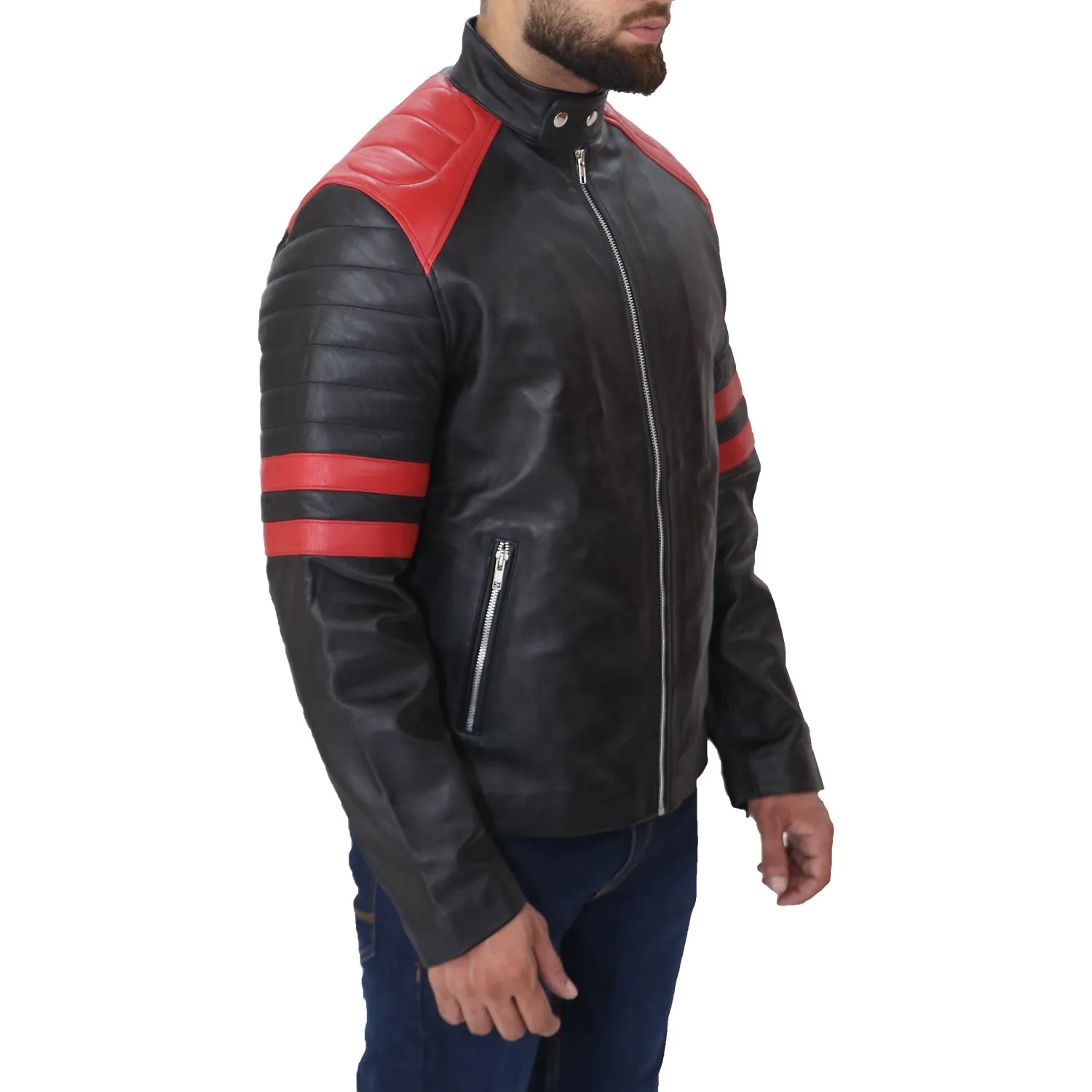 Black Café Racer with Red Strip Genuine Lambskin Leather Jacket