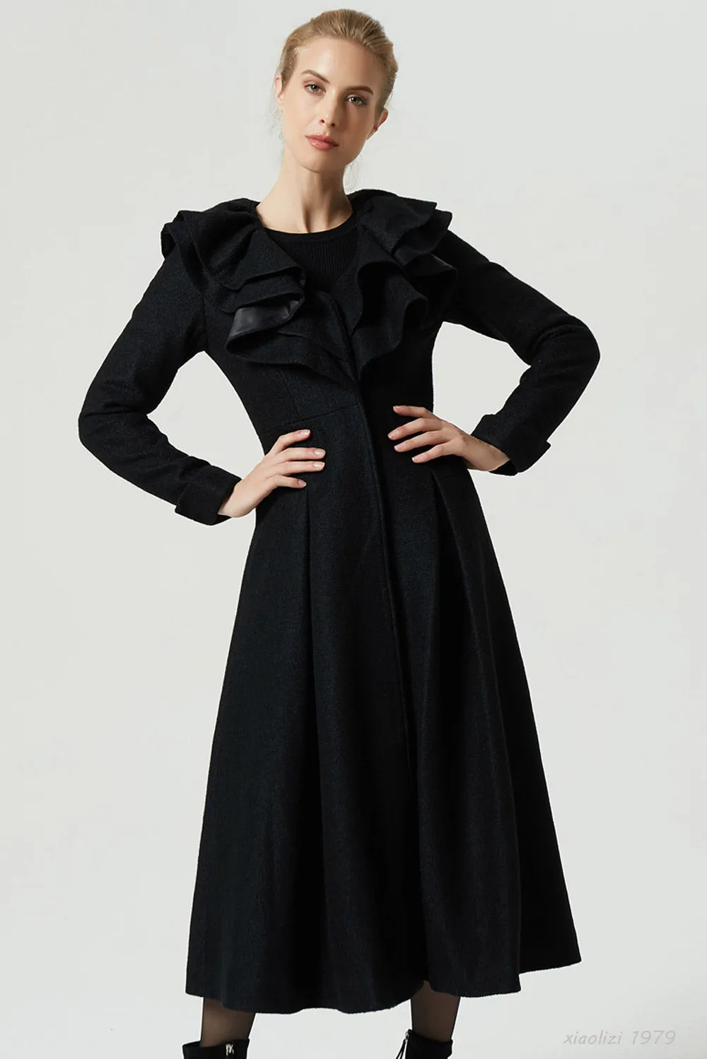 black long ruffle wool coat for women 1979#