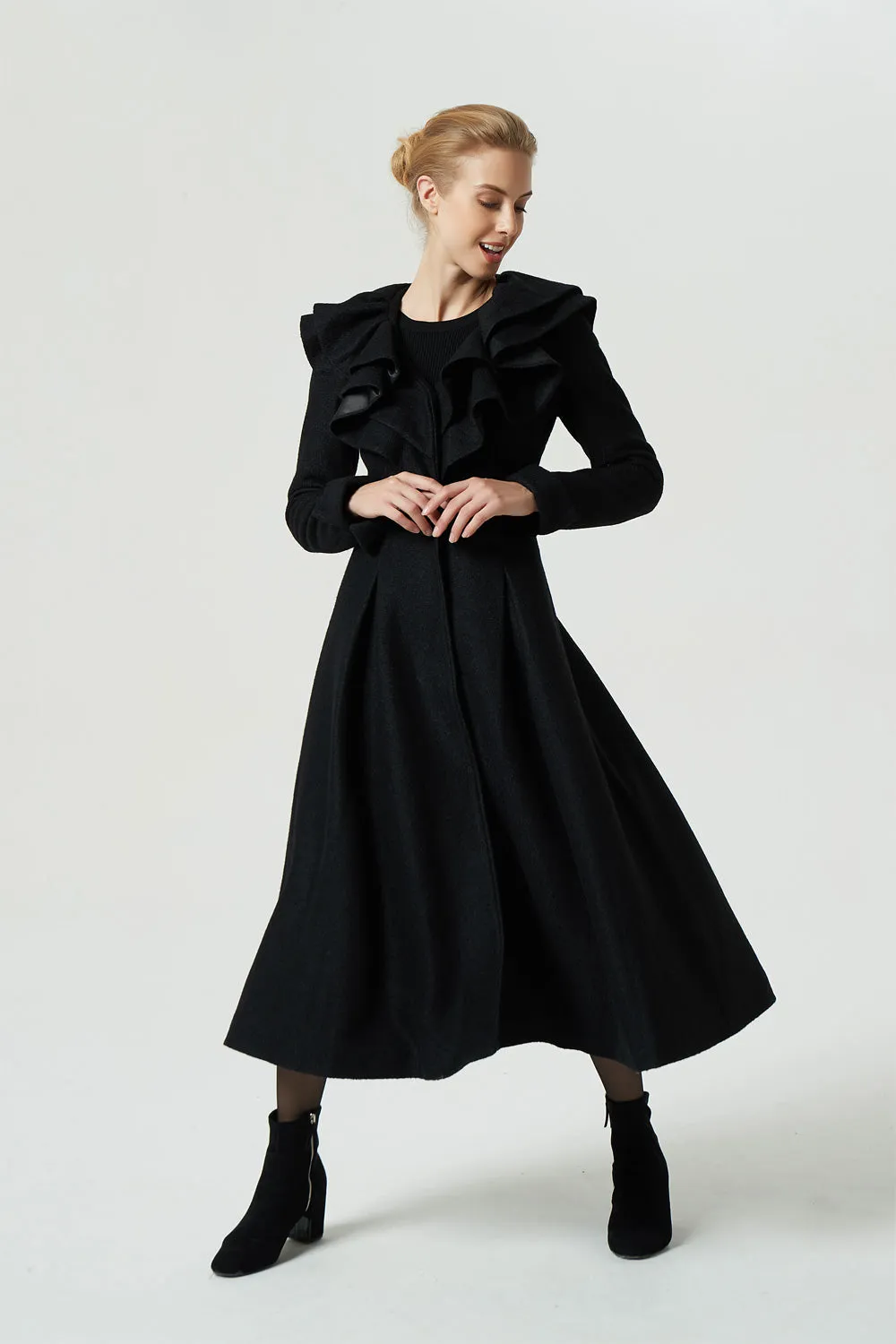 black long ruffle wool coat for women 1979#