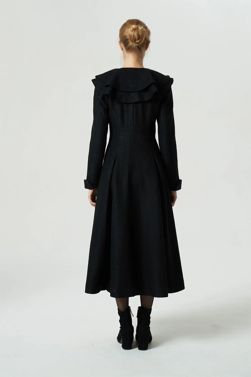 black long ruffle wool coat for women 1979#