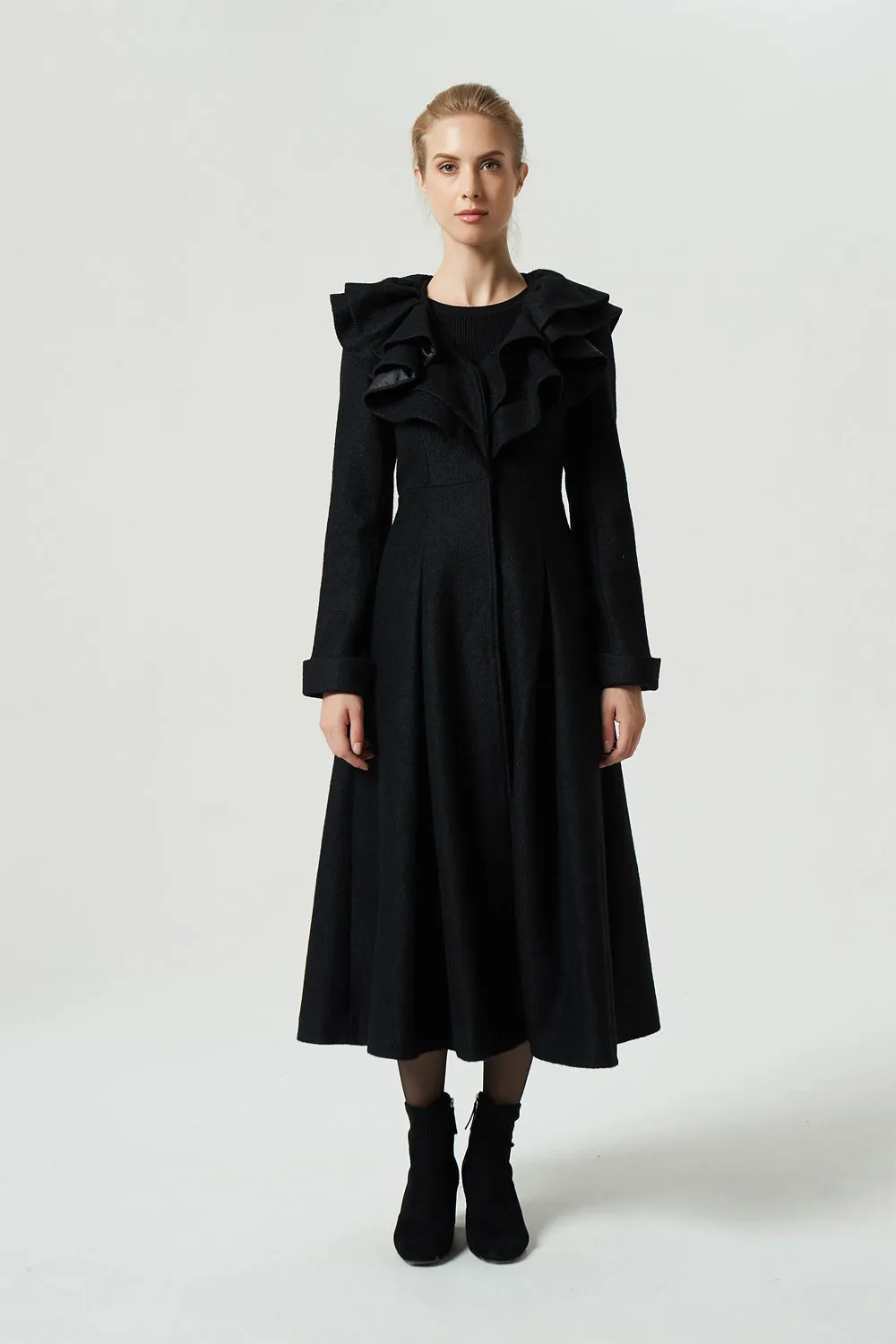 black long ruffle wool coat for women 1979#