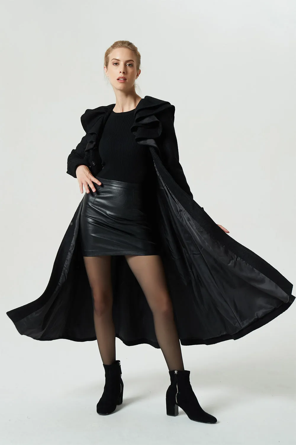 black long ruffle wool coat for women 1979#