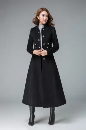 black winter coat, long wool coat, wool jacket, fitted coat, long coat 1840#