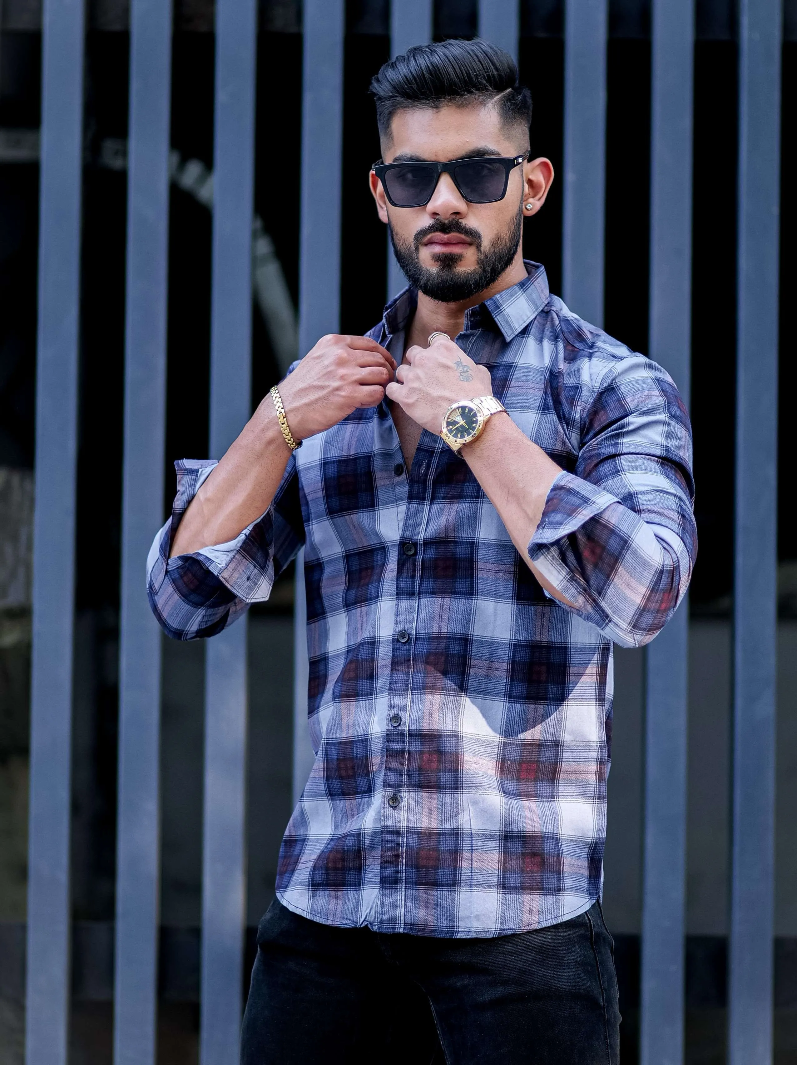 Blue Check Printed Cotton Shirt For Men