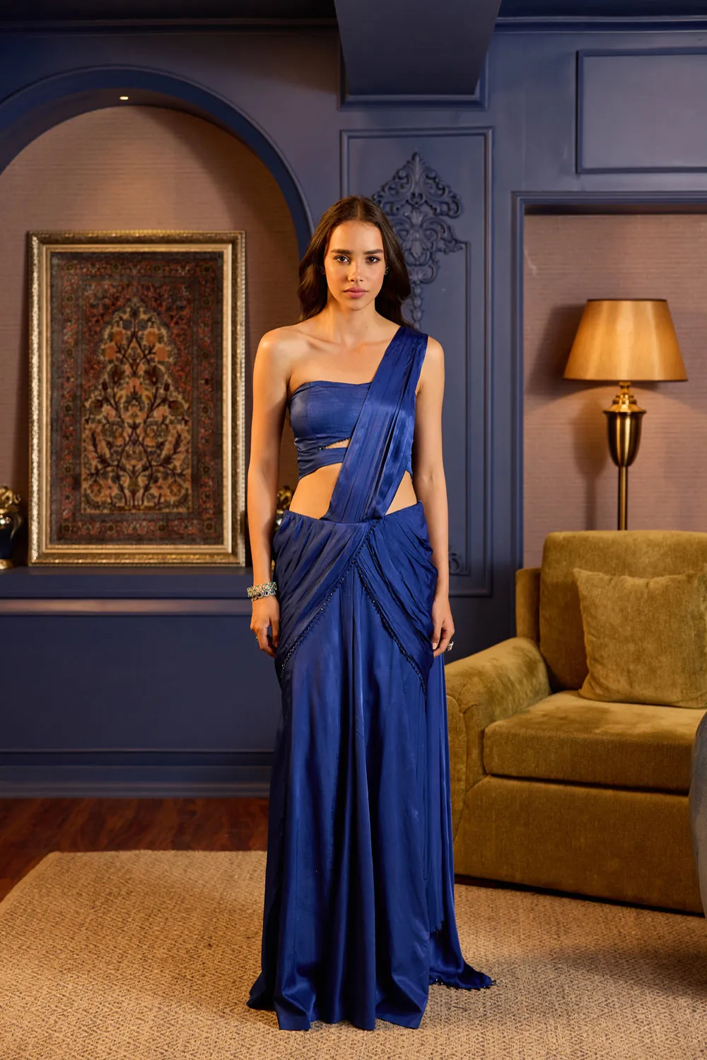 Breathtaking Blue Stitched Sari Ensemble