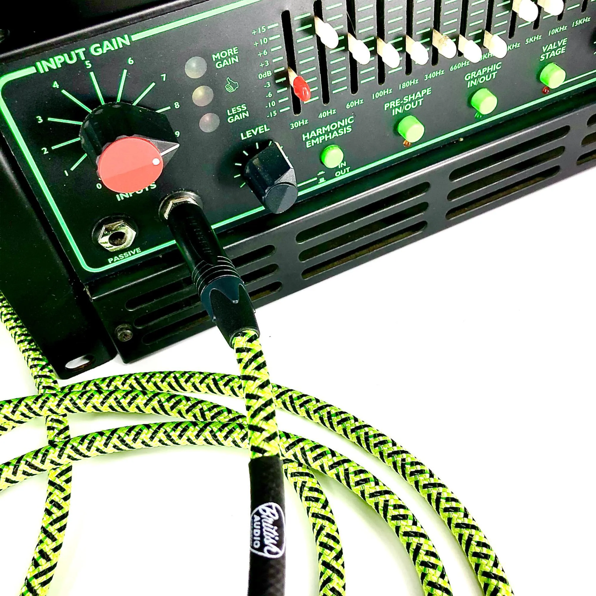 British Audio Pro Performance Silent Instrument Cable - Straight Silent to Straight (Trace Elliot Neon Green & Black Braid)