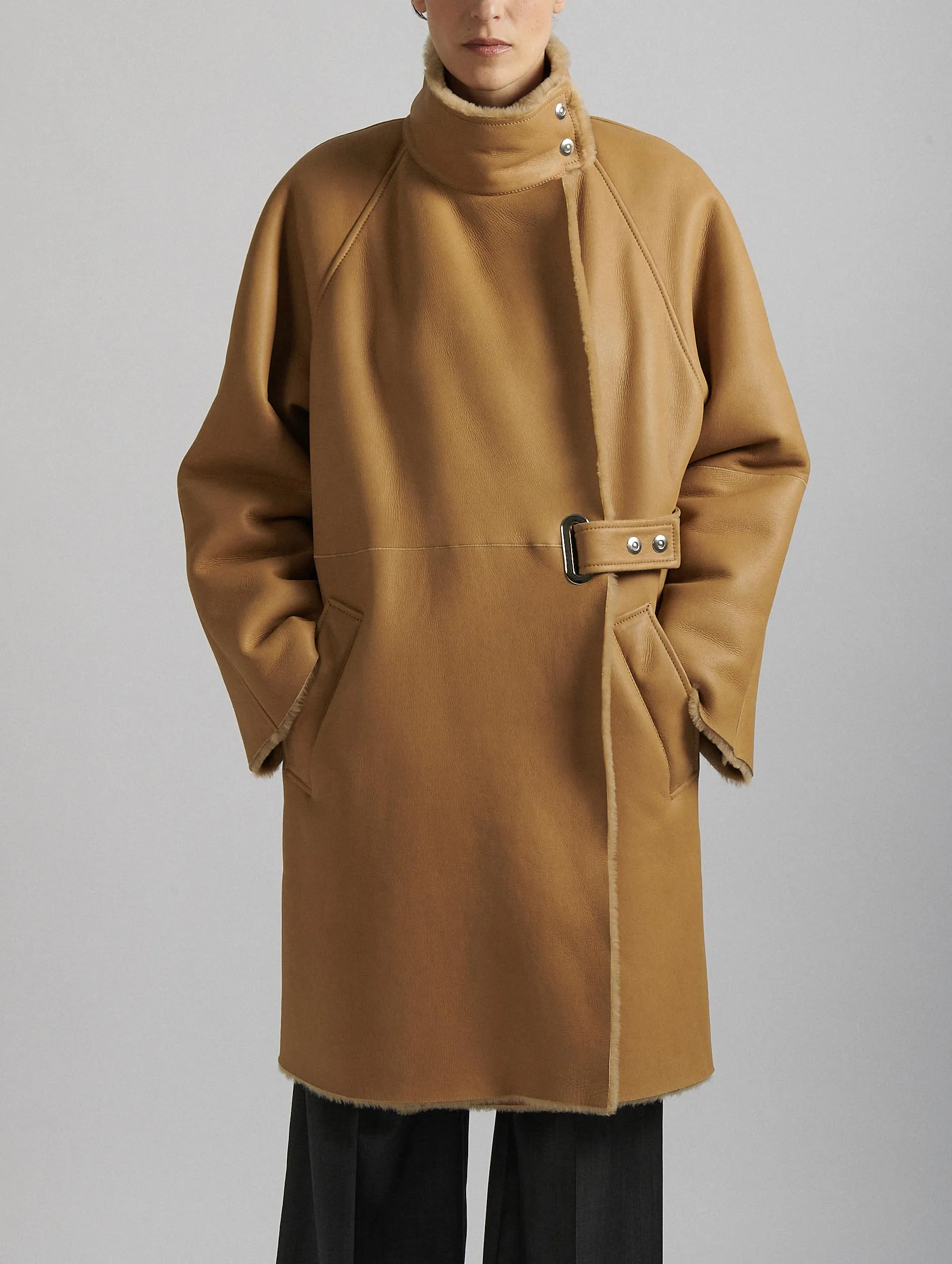 Camel shearling high-collar coat