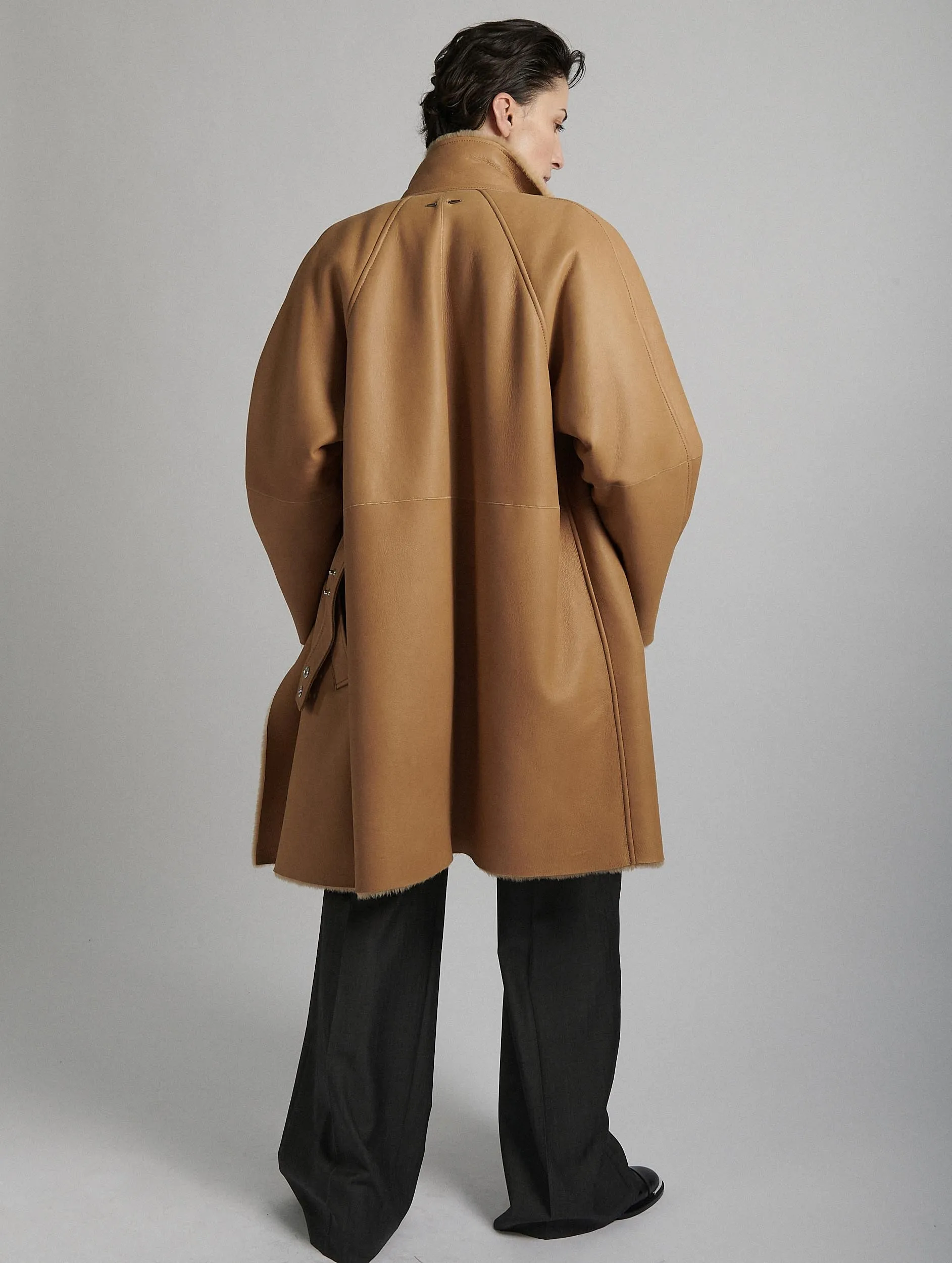 Camel shearling high-collar coat