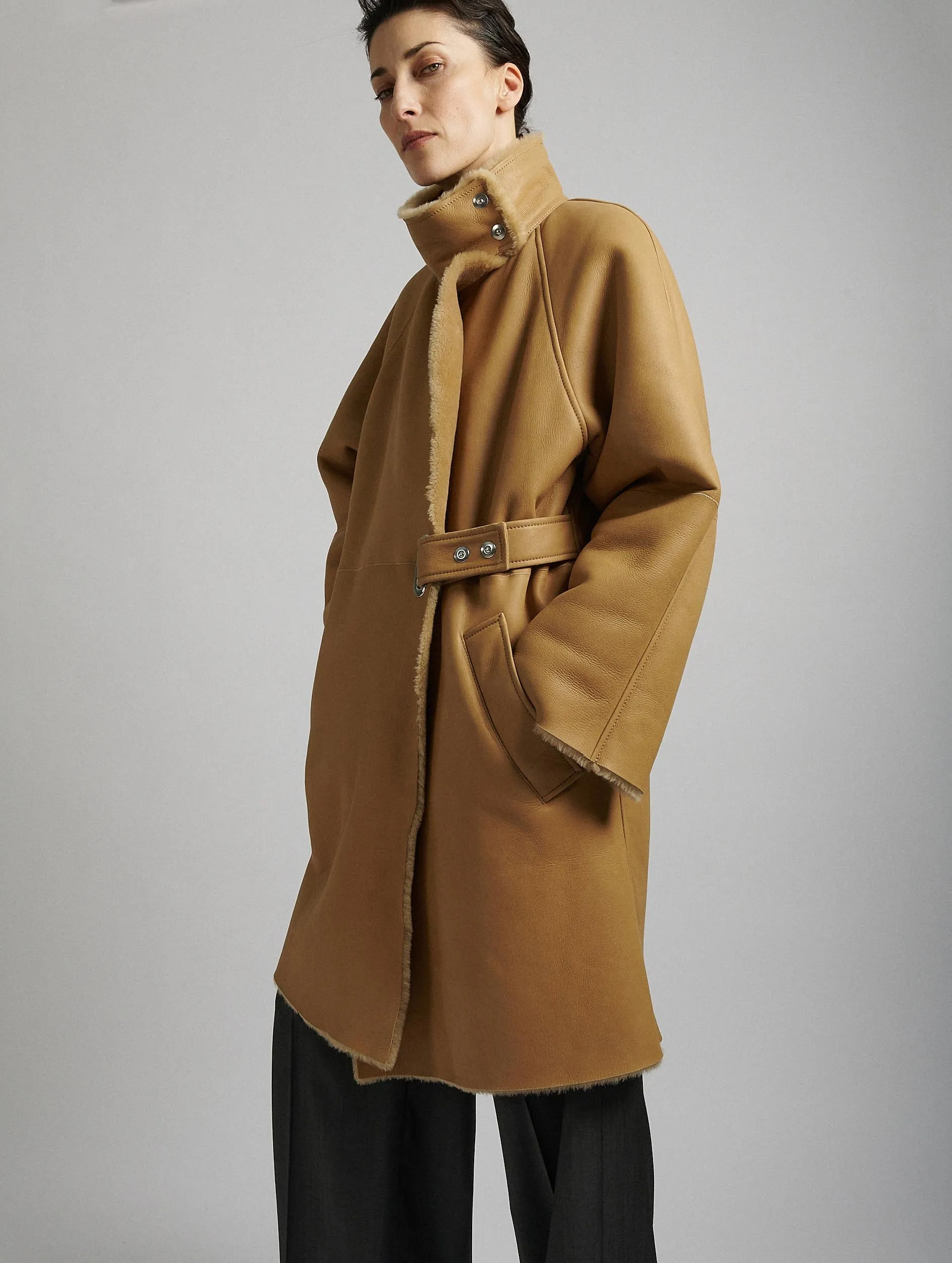 Camel shearling high-collar coat