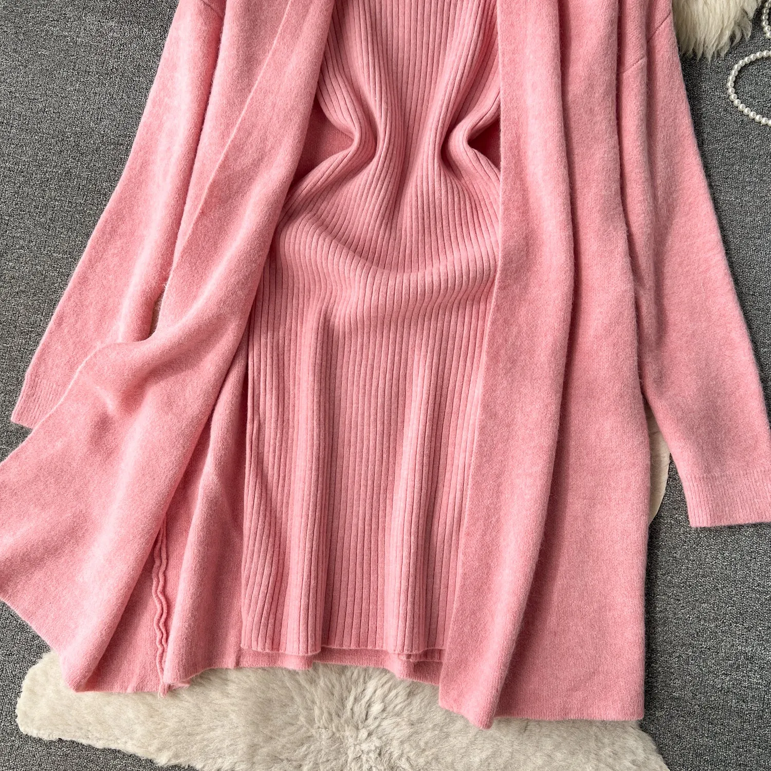 Cardigan&Slip Dress Solid Knitted 2Pcs