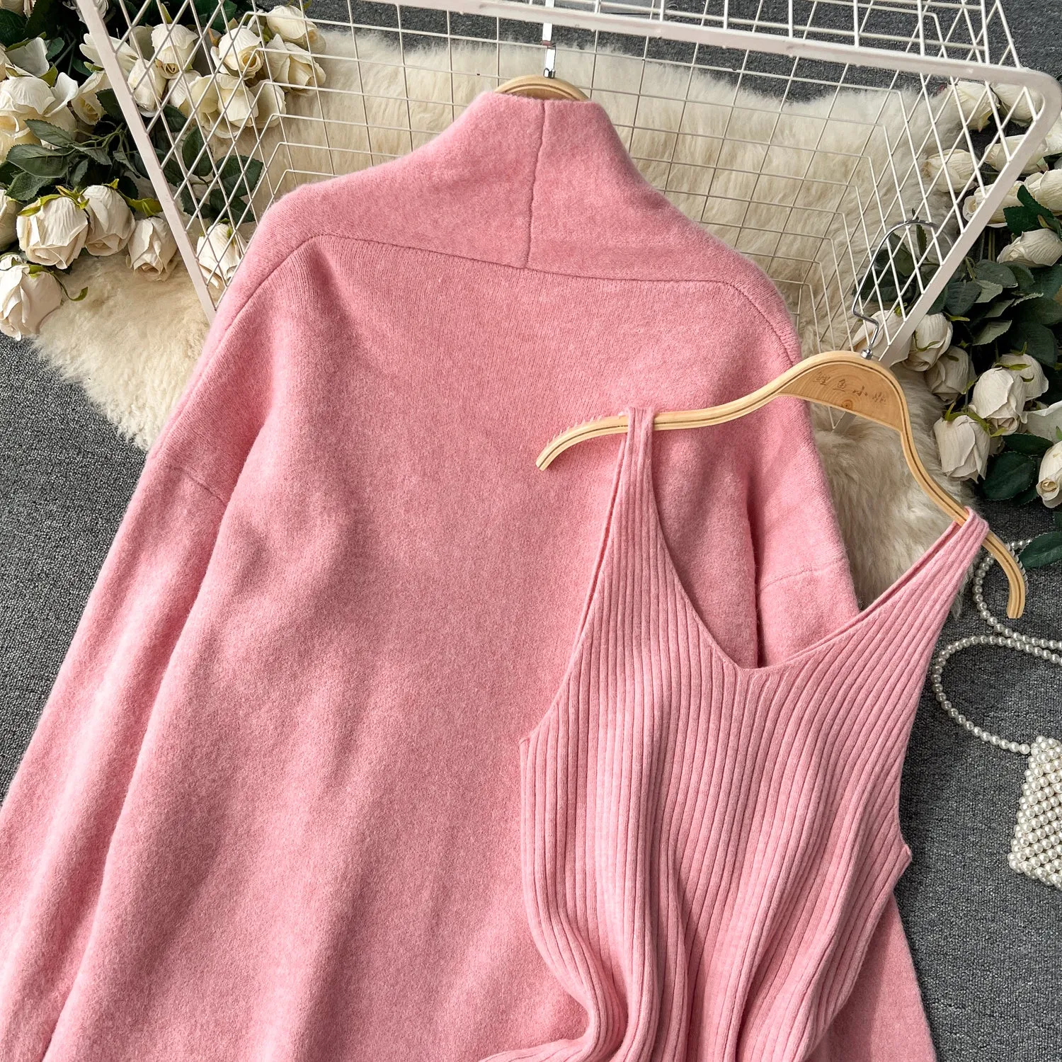 Cardigan&Slip Dress Solid Knitted 2Pcs