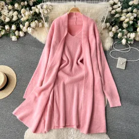 Cardigan&Slip Dress Solid Knitted 2Pcs