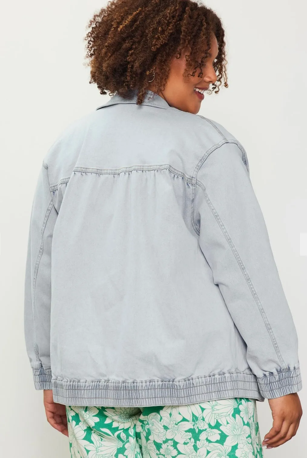 Chambray Light Denim Wash Plus Size Button Up Jacket w/Elastic Hem & Cuff