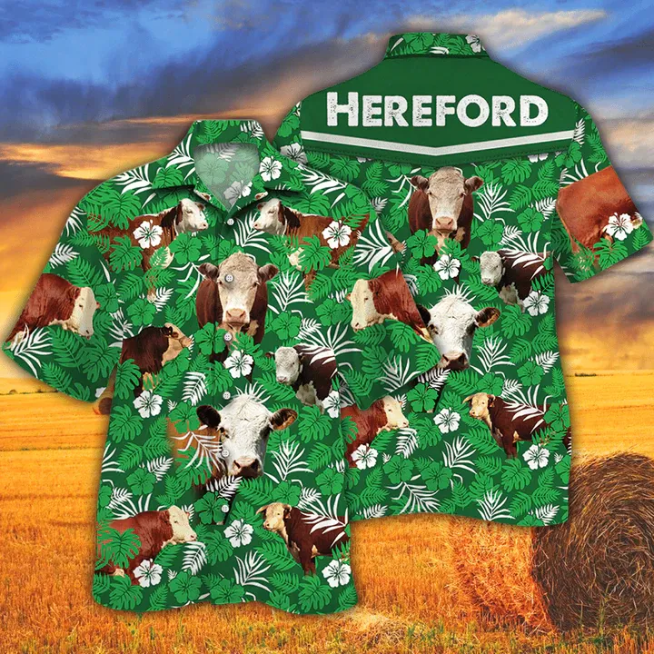 Cow Hawaiian Shirts for Men women - Hereford Cattle Lovers Green Floral Pattern Hawaiian Shirt