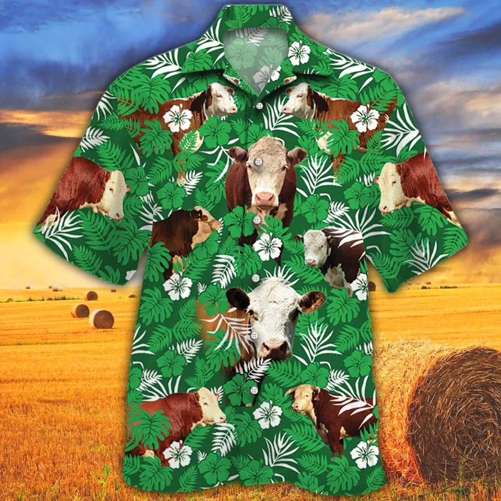 Cow Hawaiian Shirts for Men women - Hereford Cattle Lovers Green Floral Pattern Hawaiian Shirt