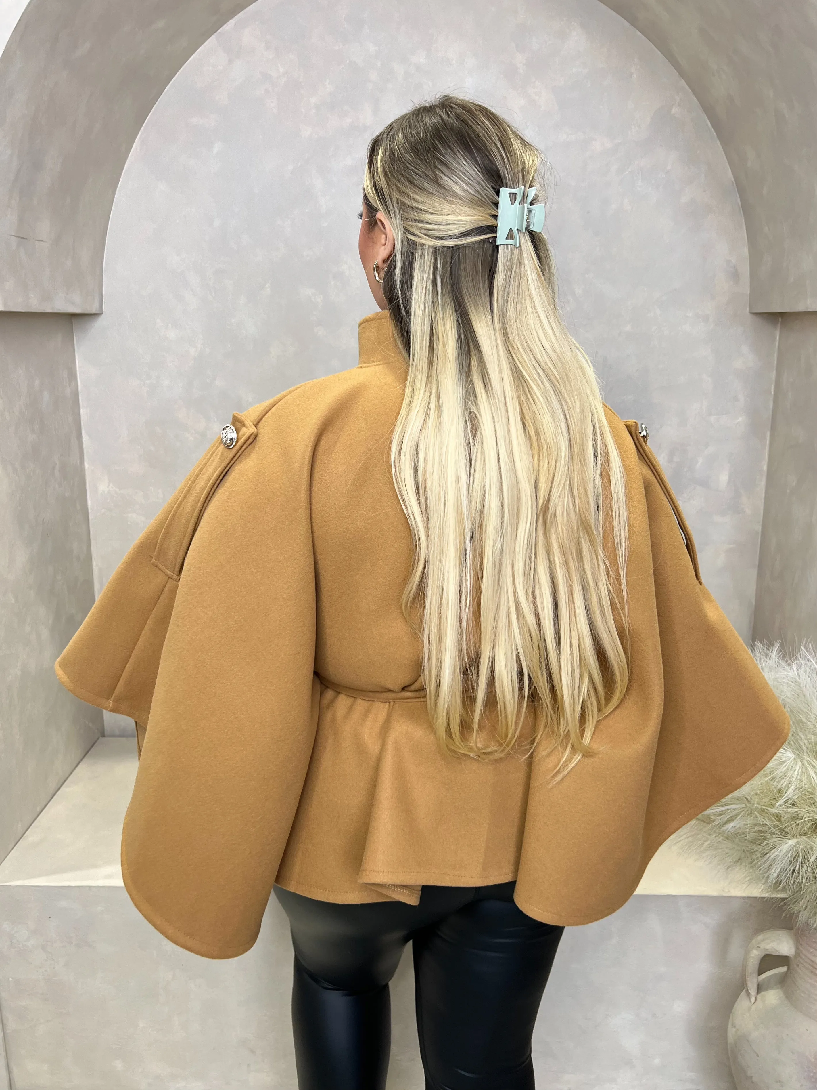 Curve Tan Tie Belt Shoulder Detail Cape