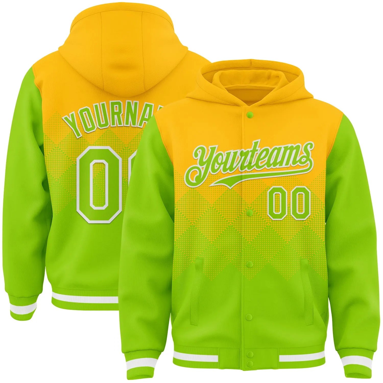 Custom Gold Neon Green-White Gradient Square Shape 3D Pattern Design Bomber Full-Snap Varsity Letterman Hoodie Jacket