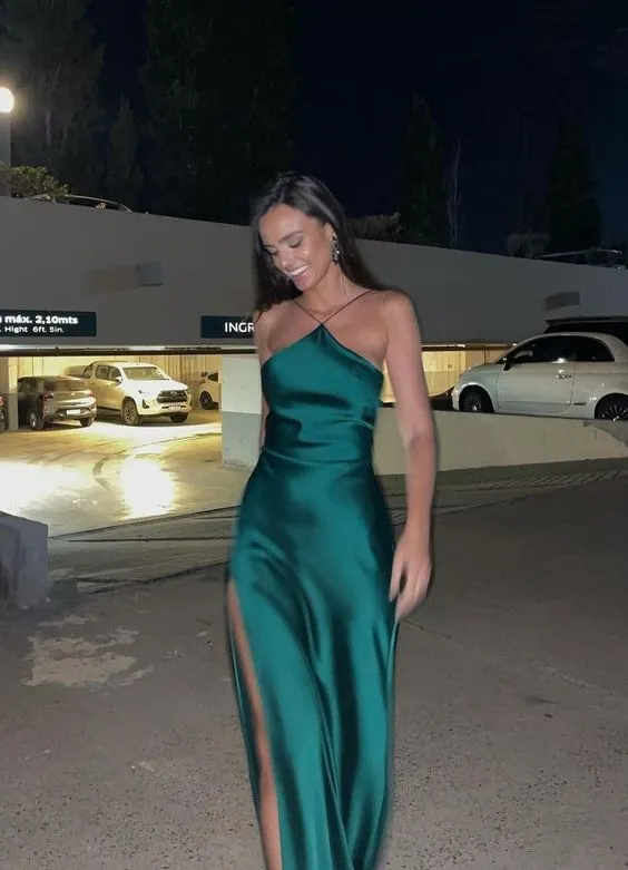 Dark Green Satin Long Evening Dresses Side Slit Prom Party Formal Party Gown      fg4396