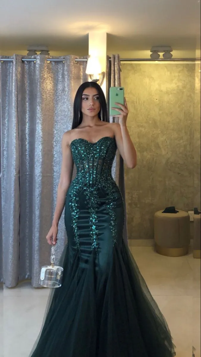 Dark Green Sweetheart Mermad Tulle Sequins Long Prom Dress       fg6995