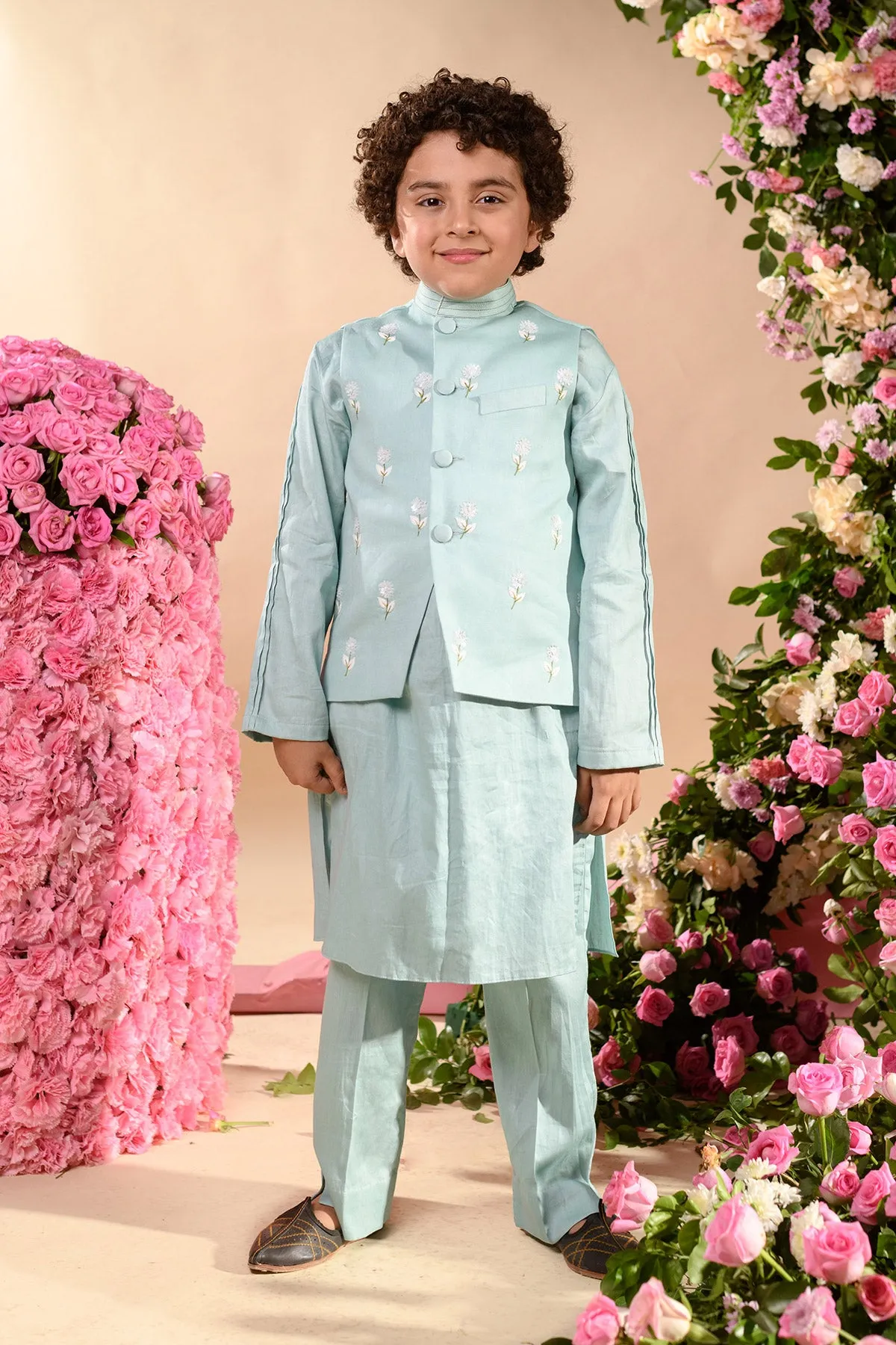 Dinaz -

 Embroidered 

Blue Nehru Jacket Paired With Matching Kurta & Trouser Set