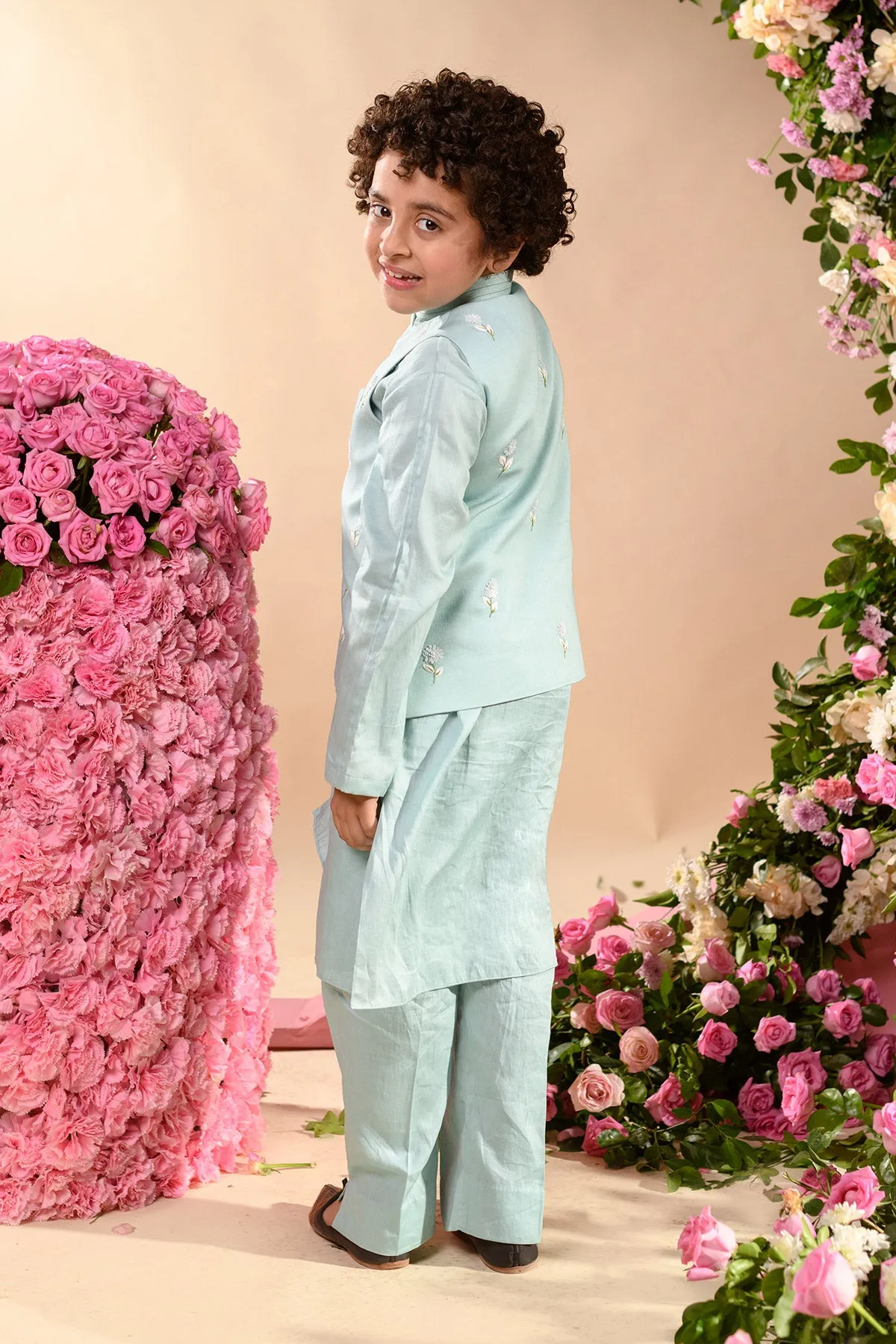 Dinaz -

 Embroidered 

Blue Nehru Jacket Paired With Matching Kurta & Trouser Set