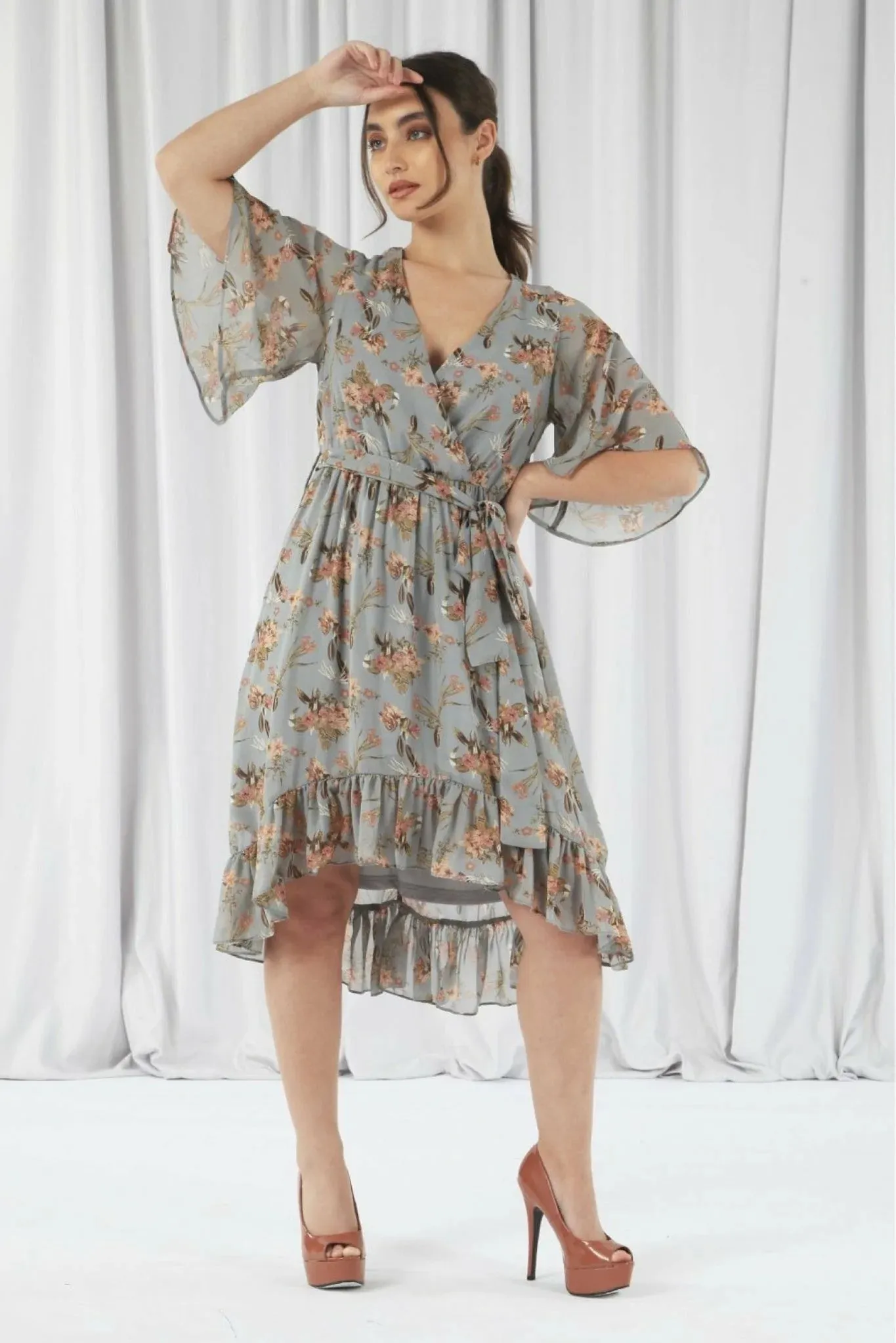 Double Second Print Dipped Back Wrap Dress