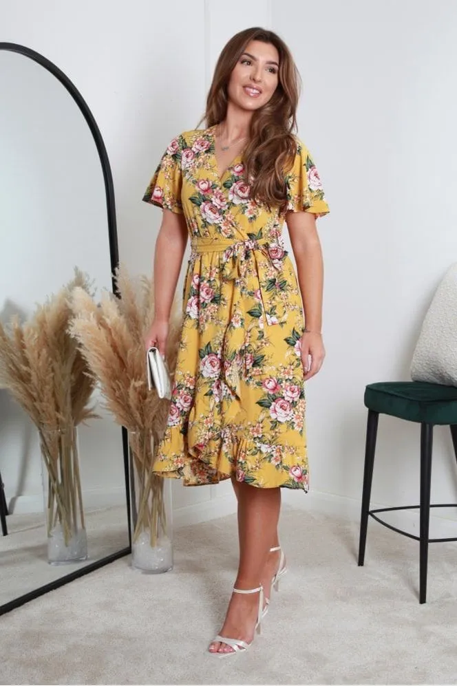 Double Second Yellow Printed Midi Wrap Dress