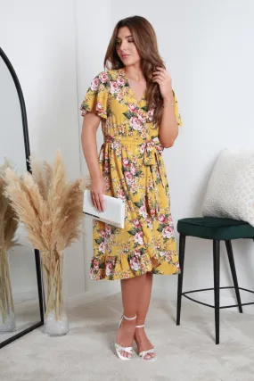 Double Second Yellow Printed Midi Wrap Dress