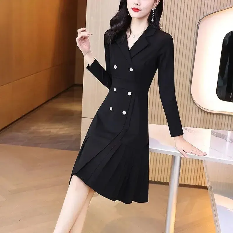 Elegant 2024 Spring Long Sleeve Double-Breasted Office Dress – Knee-Length, 2XL