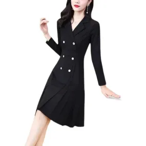 Elegant 2024 Spring Long Sleeve Double-Breasted Office Dress – Knee-Length, 2XL