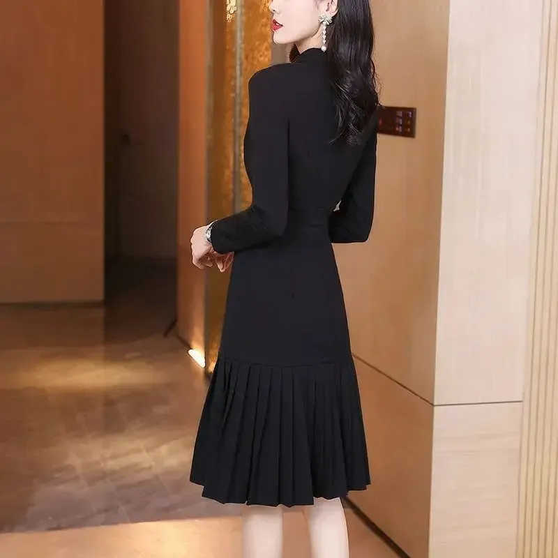 Elegant 2024 Spring Long Sleeve Double-Breasted Office Dress – Knee-Length, 2XL