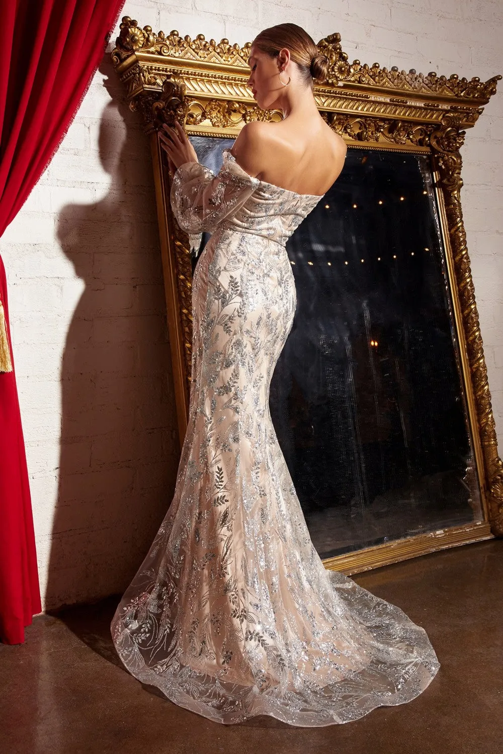 Elegant gown with long sleeves, off-shoulder bodice embellished with sequins and flowers