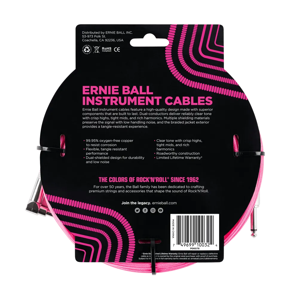 Ernie Ball 10 Braided Straight / Angle Instrument Cable - Neon Pink