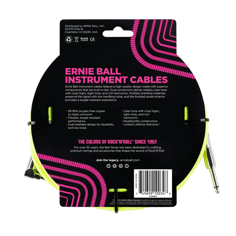 Ernie Ball 10 Braided Straight / Angle Instrument Cable Neon - Yellow