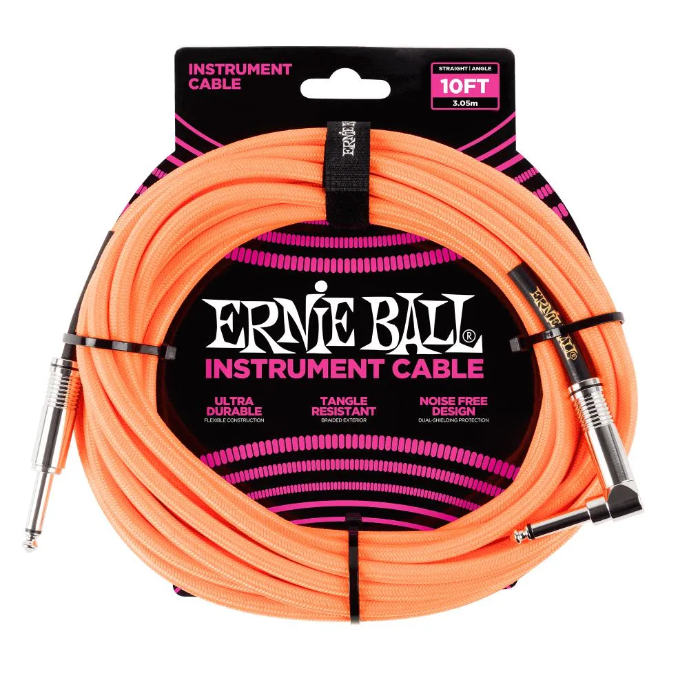 Ernie Ball 10' Braided Straight/Angle Instrument Cable Neon Orange